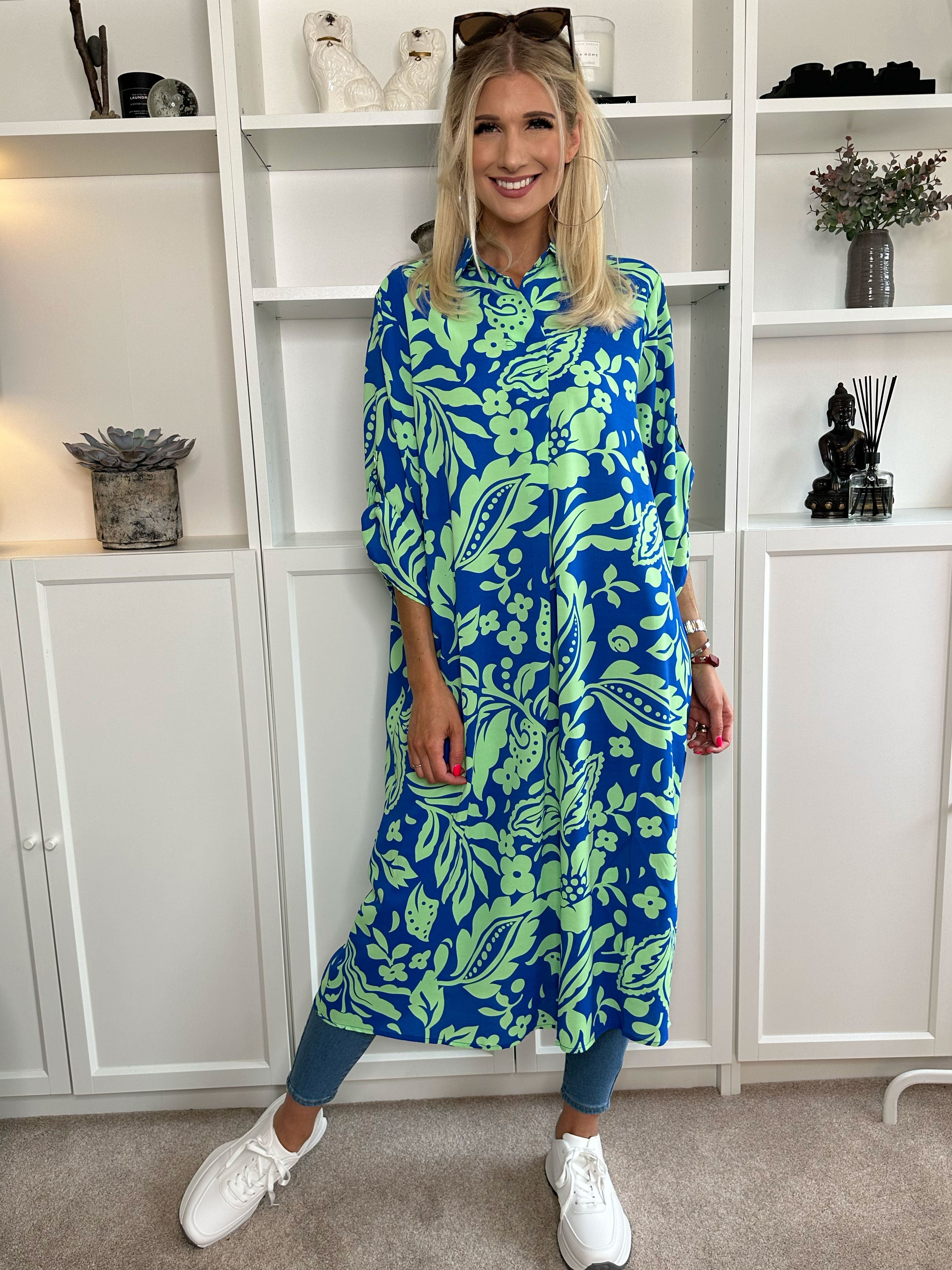 Sanne - Flerfarvet mønstret skjortekjole